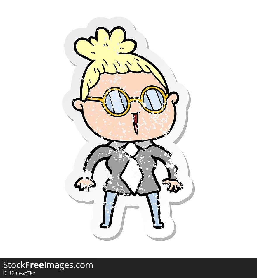 distressed sticker of a cartoon woman wearing spectacles