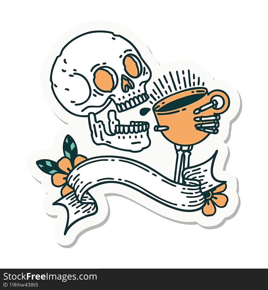 tattoo sticker with banner of a skull drinking coffee