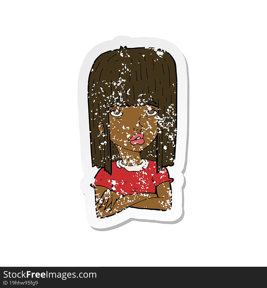 retro distressed sticker of a cartoon girl with folded arms