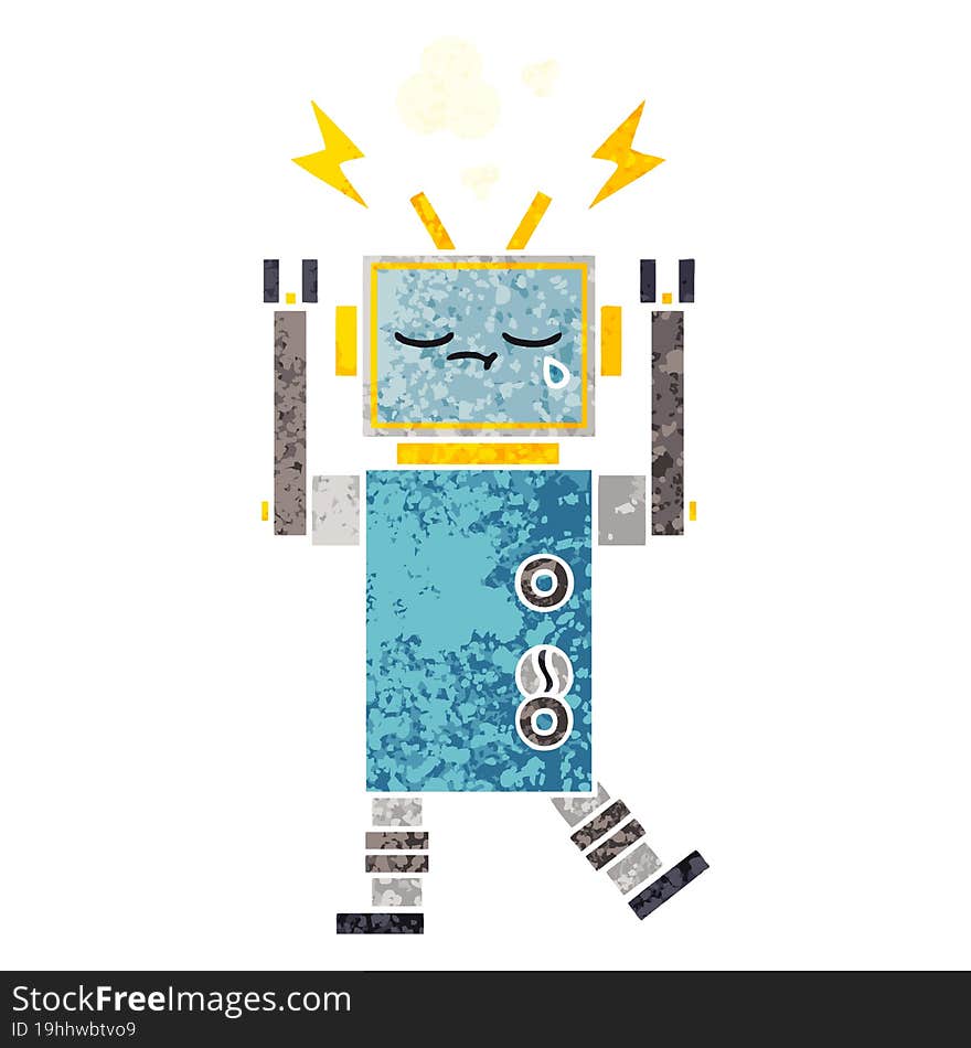 retro illustration style cartoon of a crying robot