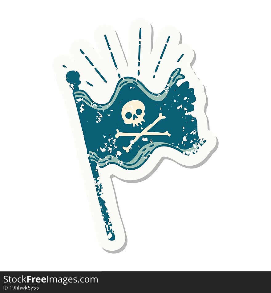 grunge sticker of tattoo style waving pirate flag