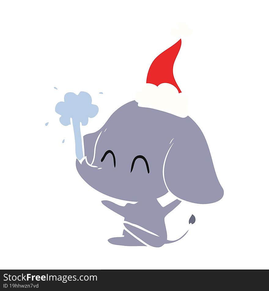 cute flat color illustration of a elephant spouting water wearing santa hat