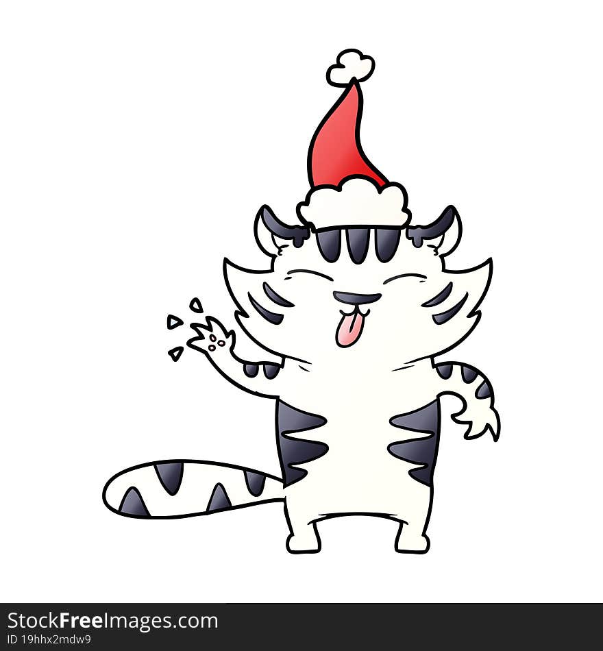 hand drawn gradient cartoon of a white tiger wearing santa hat