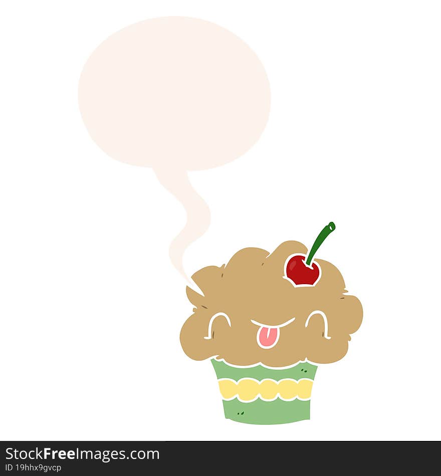 funny cartoon cupcake and speech bubble in retro style