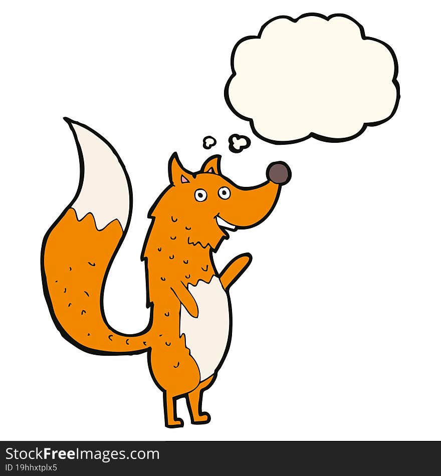 cartoon waving fox with thought bubble