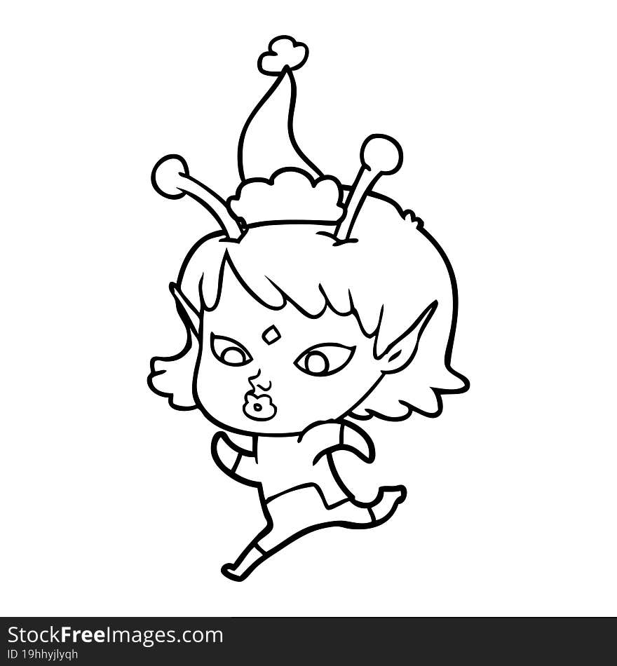 pretty line drawing of a alien girl running wearing santa hat