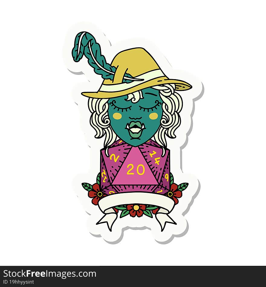 sticker of a half orc bard with natural 20 dice roll. sticker of a half orc bard with natural 20 dice roll