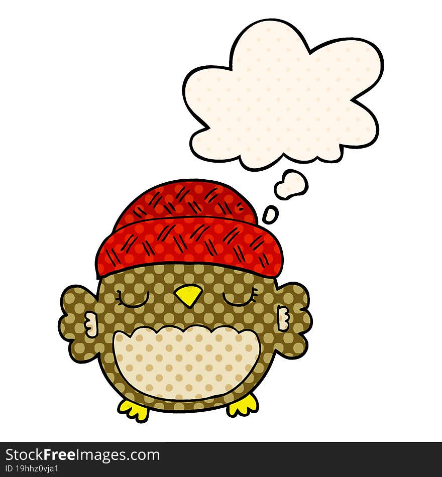 cute cartoon owl in hat and thought bubble in comic book style