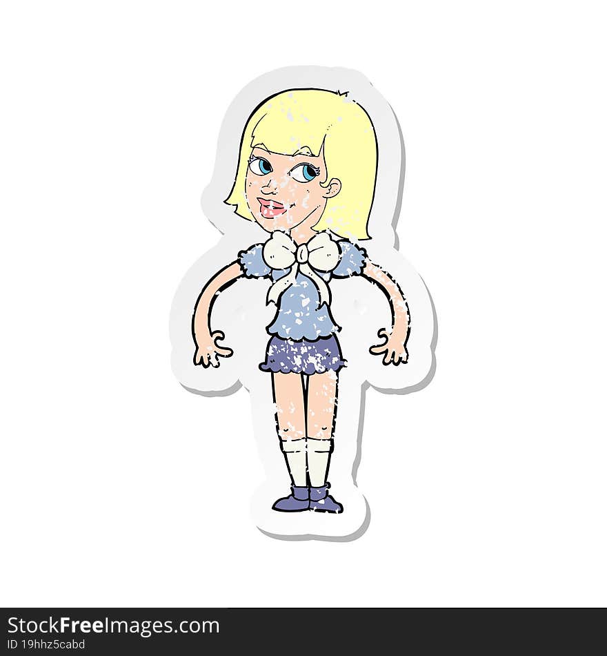 retro distressed sticker of a cartoon woman wearing a big bow tie