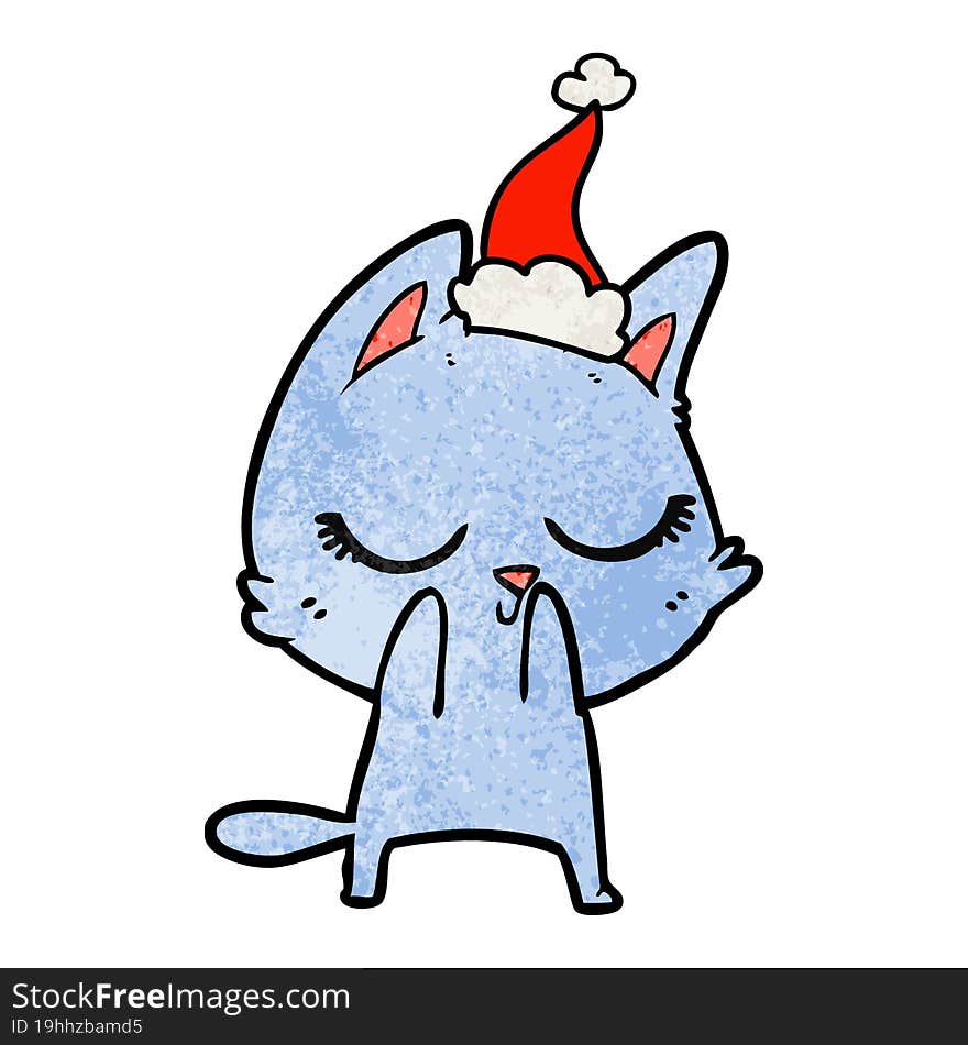 calm textured cartoon of a cat wearing santa hat