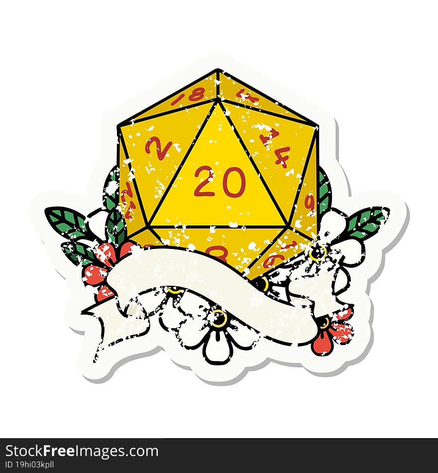 natural twenty D20 dice roll grunge sticker