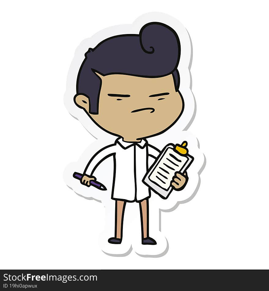 sticker of a cartoon cool guy with fashion hair cut and clip board