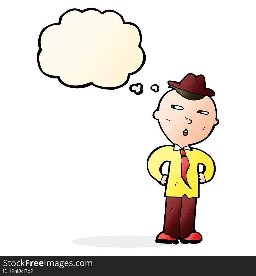 cartoon man wearing hat with thought bubble