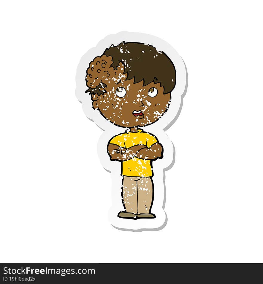 retro distressed sticker of a cartoon boy with growth on head