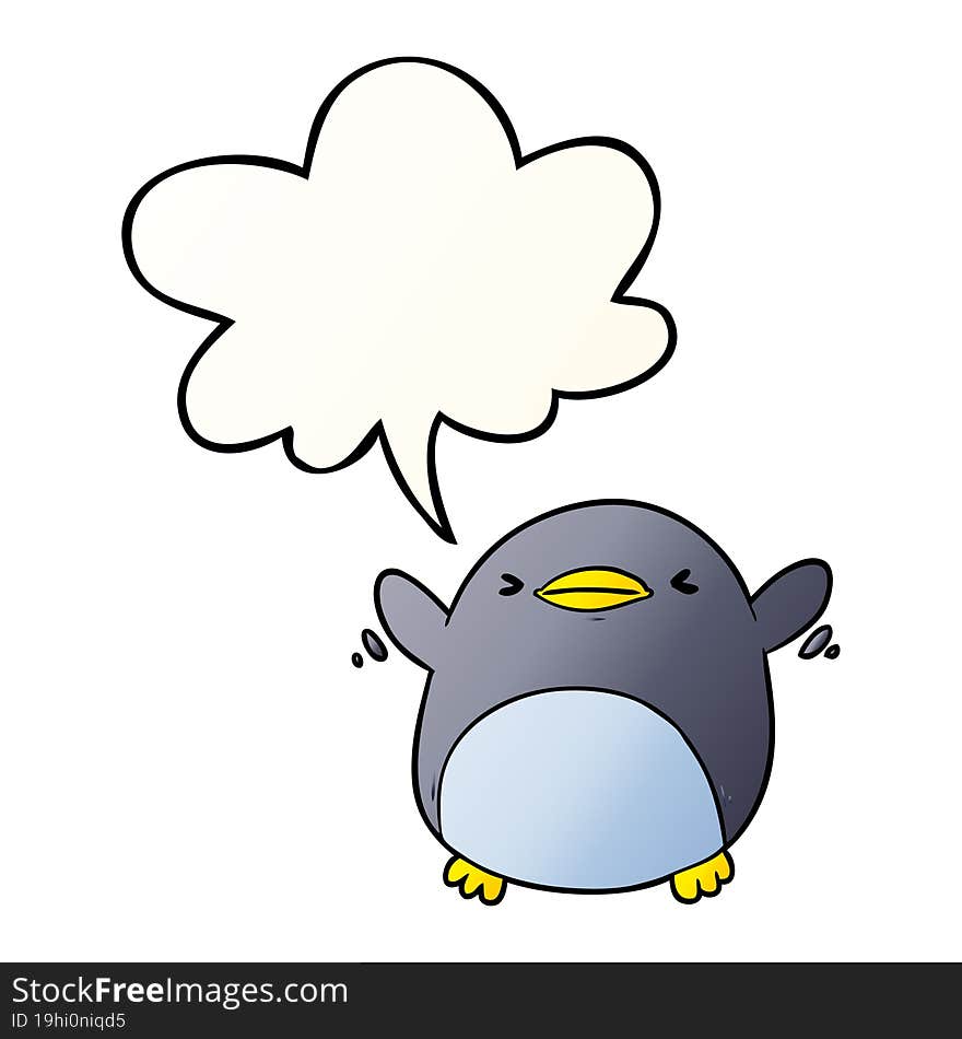 cute cartoon penguin flapping wings and speech bubble in smooth gradient style