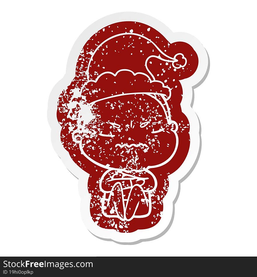 quirky cartoon distressed sticker of a annoyed old lady wearing santa hat