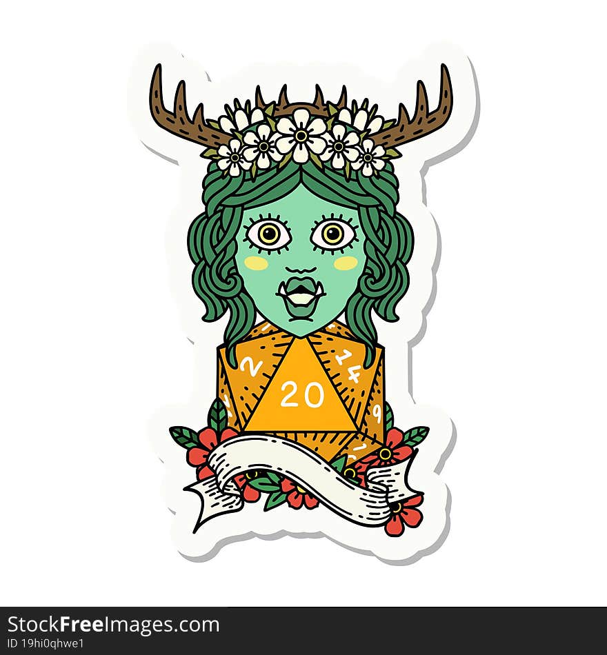 orc druid character with natural twenty dice roll sticker