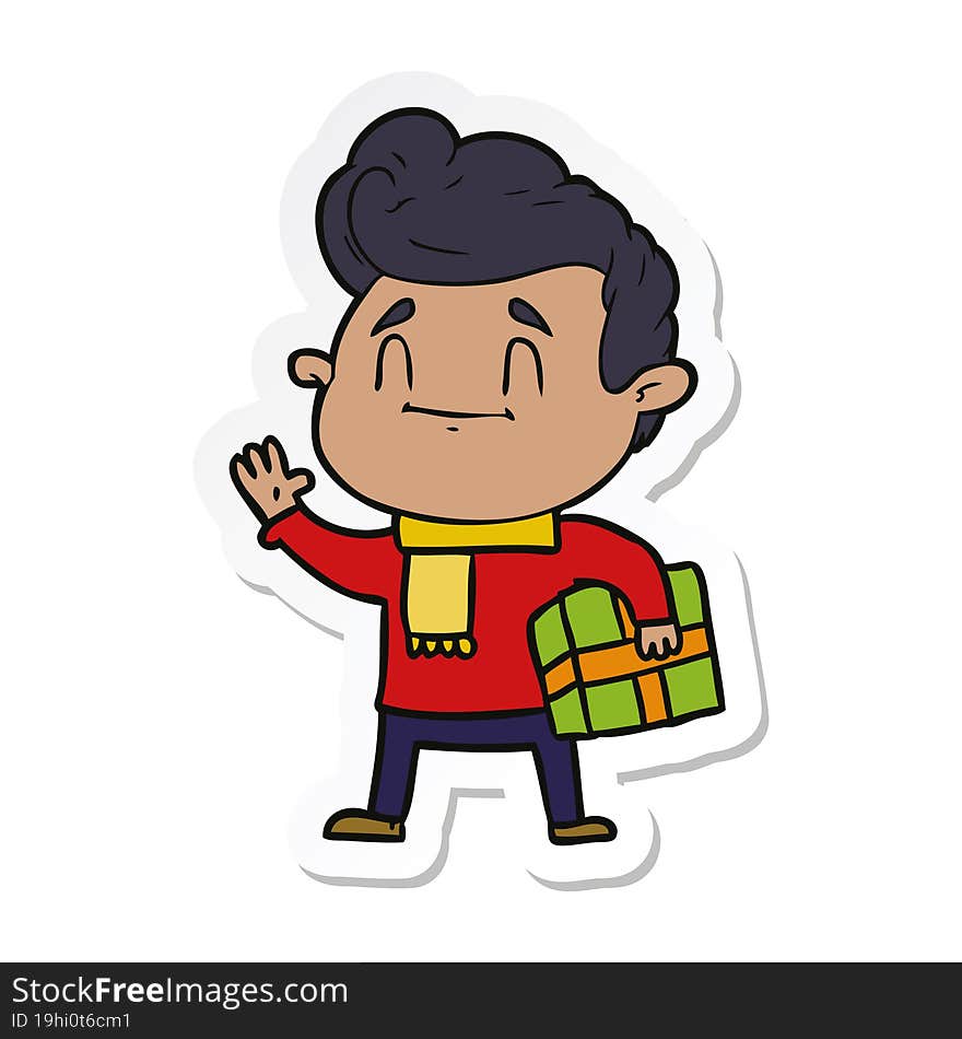 sticker of a happy cartoon man with gift