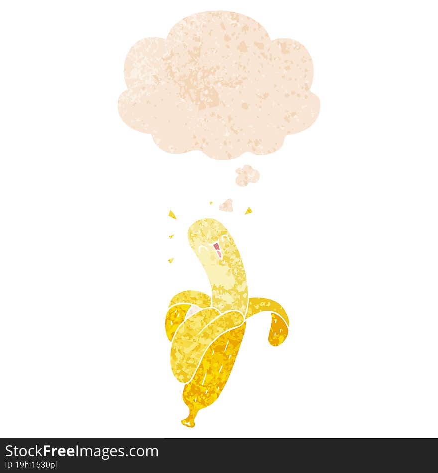 cartoon banana and thought bubble in retro textured style