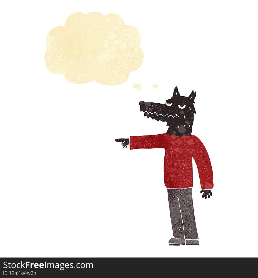 cartoon wolf man pointing with thought bubble