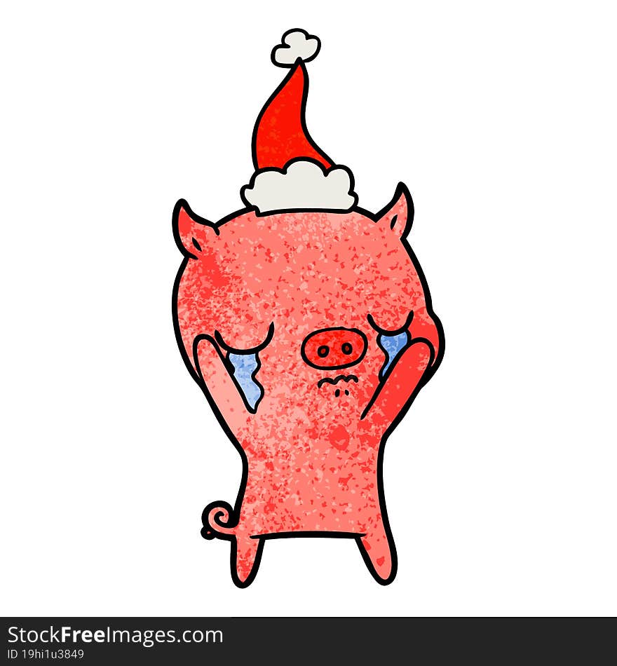 textured cartoon of a pig crying wearing santa hat