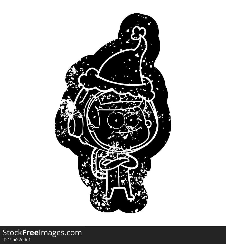 happy astronaut quirky cartoon distressed icon of a wearing santa hat