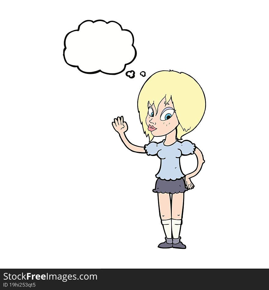 cartoon pretty woman waving with thought bubble