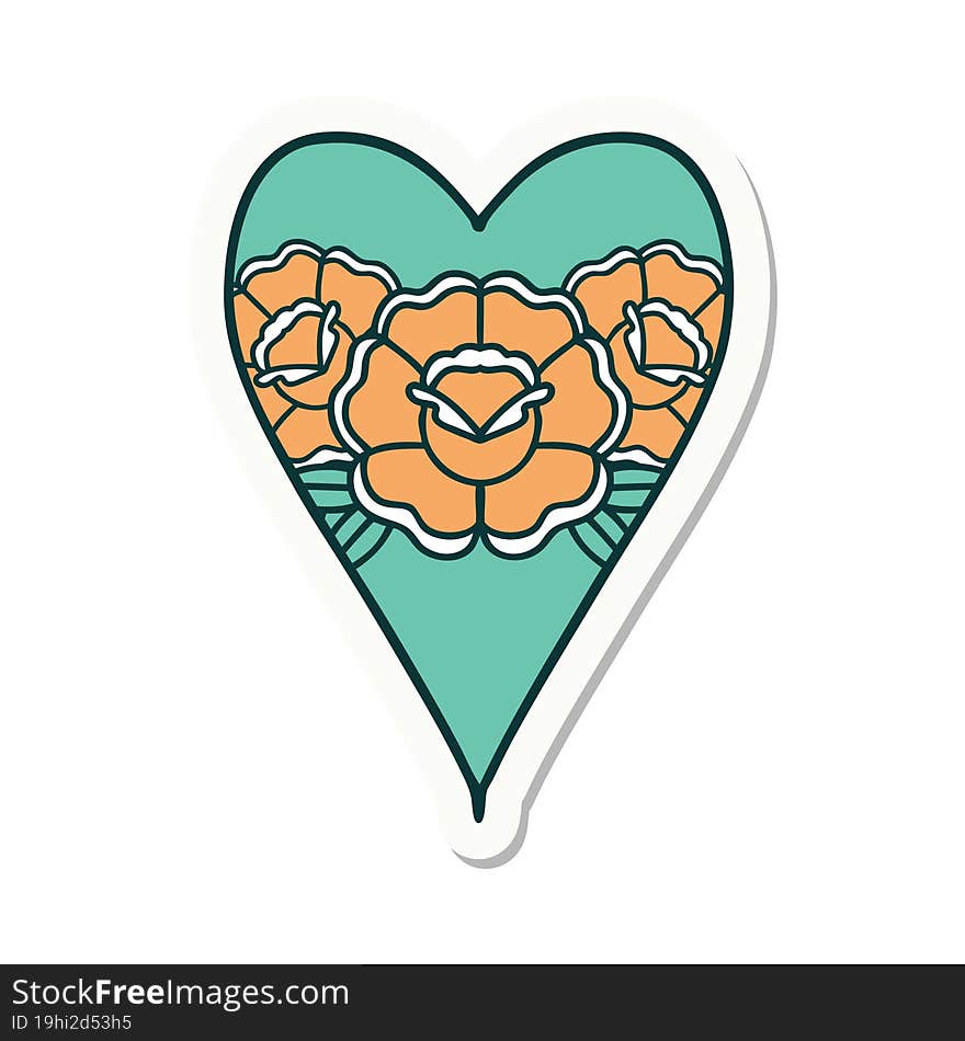 sticker of tattoo in traditional style of a heart and flowers. sticker of tattoo in traditional style of a heart and flowers