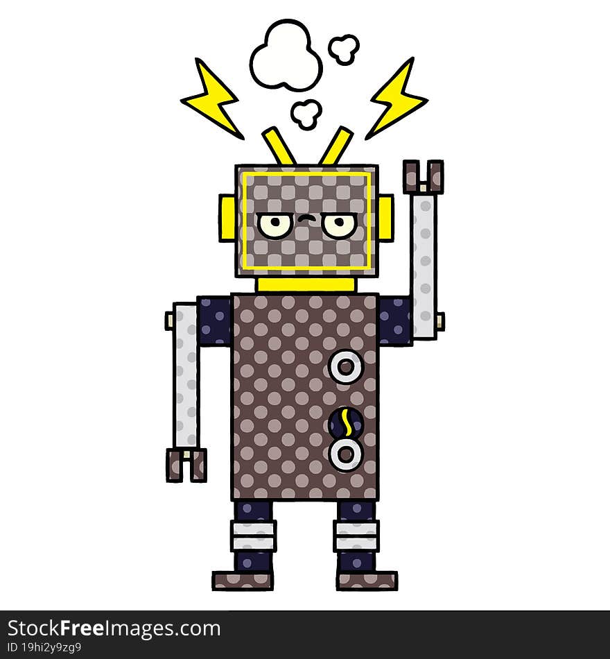 comic book style cartoon of a malfunctioning robot