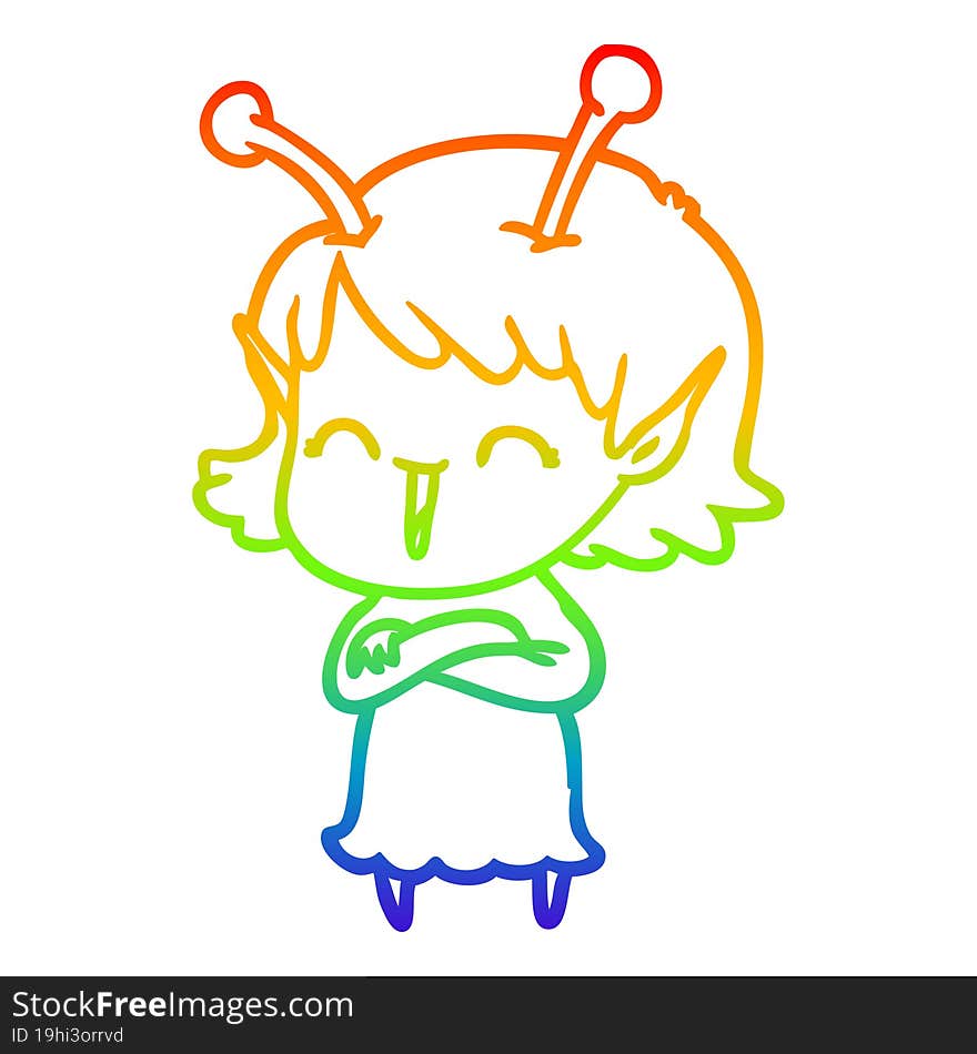 rainbow gradient line drawing cartoon alien girl laughing