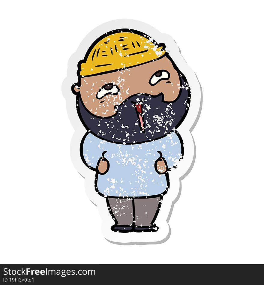 distressed sticker of a cartoon happy bearded man