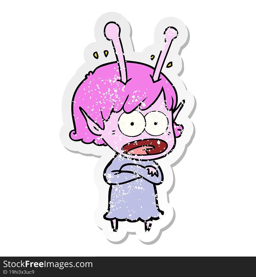 distressed sticker of a cartoon shocked alien girl