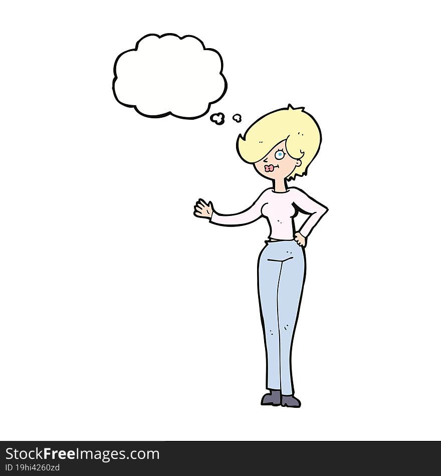 Cartoon Woman Waving With Thought Bubble