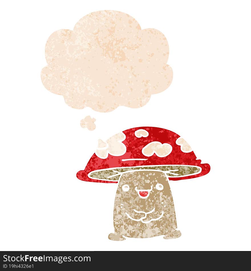 cartoon mushroom character and thought bubble in retro textured style