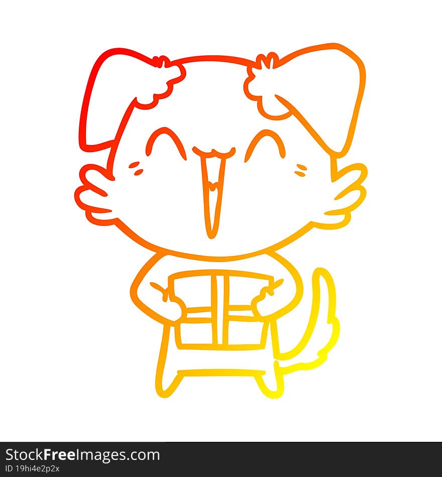 warm gradient line drawing happy little cartoon dog with present