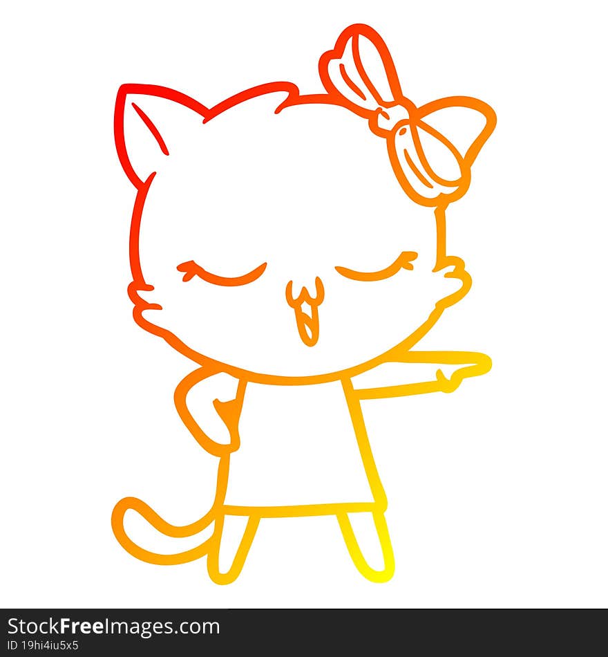 warm gradient line drawing cartoon cat with bow on head