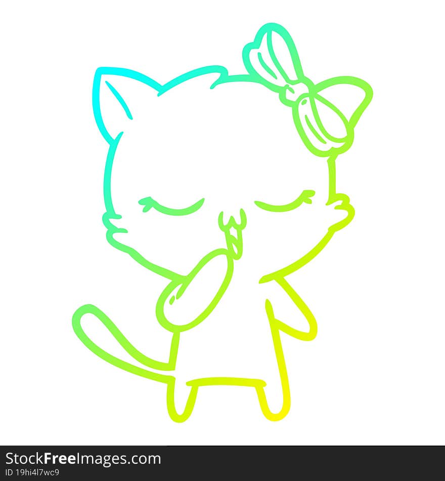 cold gradient line drawing cartoon cat with bow on head