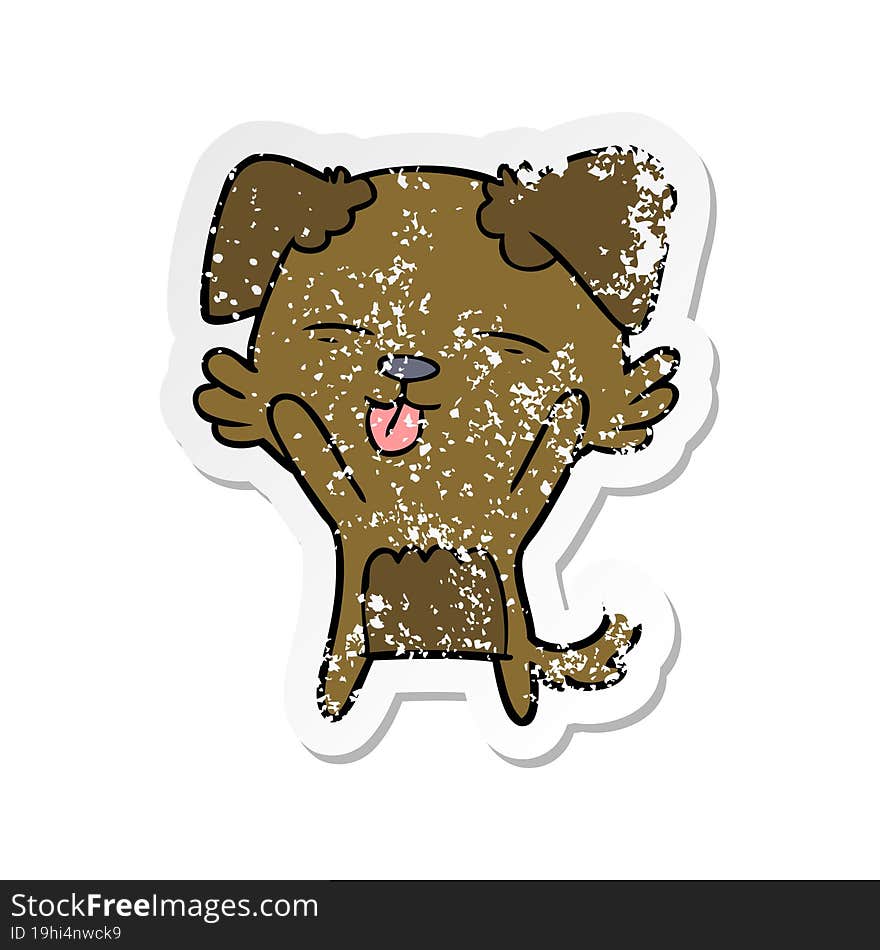 distressed sticker of a cartoon dog sticking out tongue