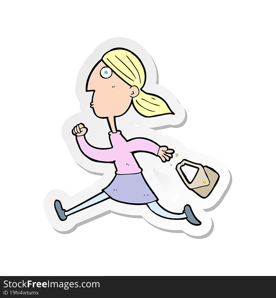 Sticker Of A Cartoon Running Woman Stressed