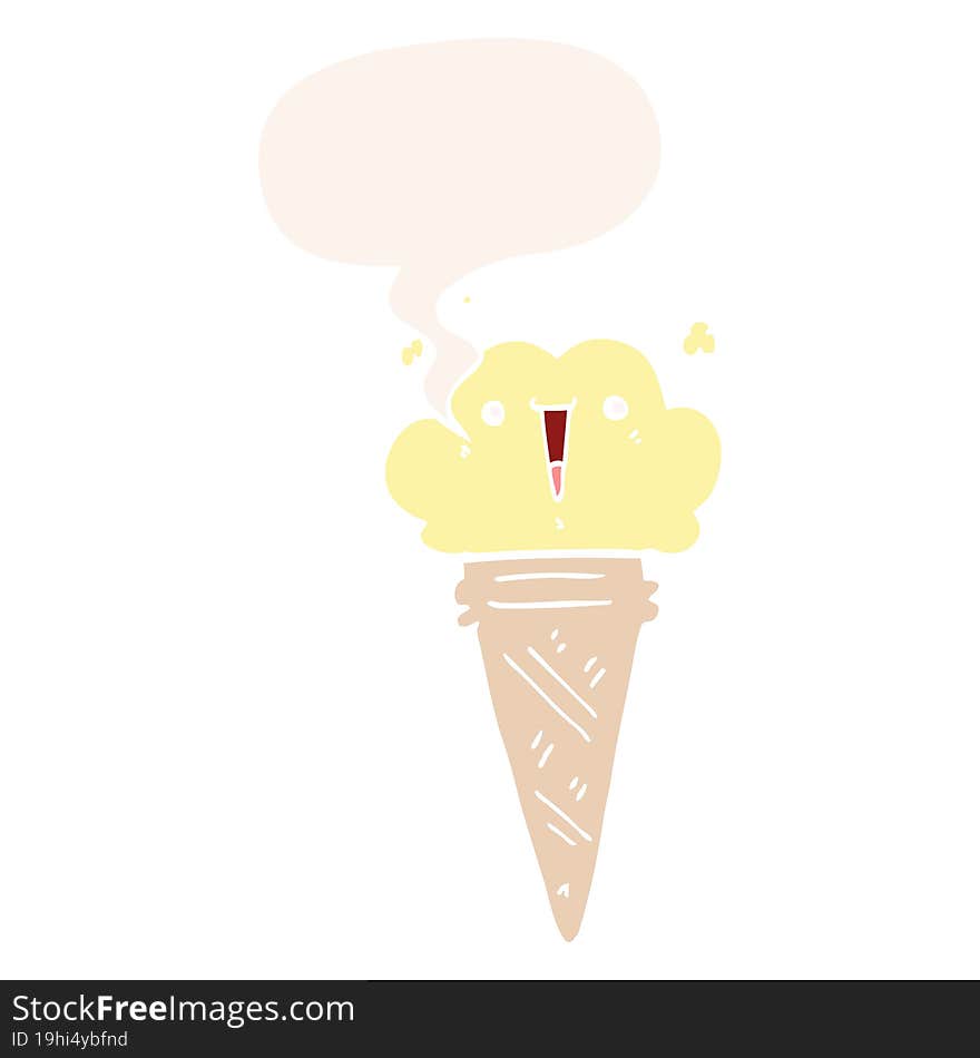 cartoon ice cream and face and speech bubble in retro style