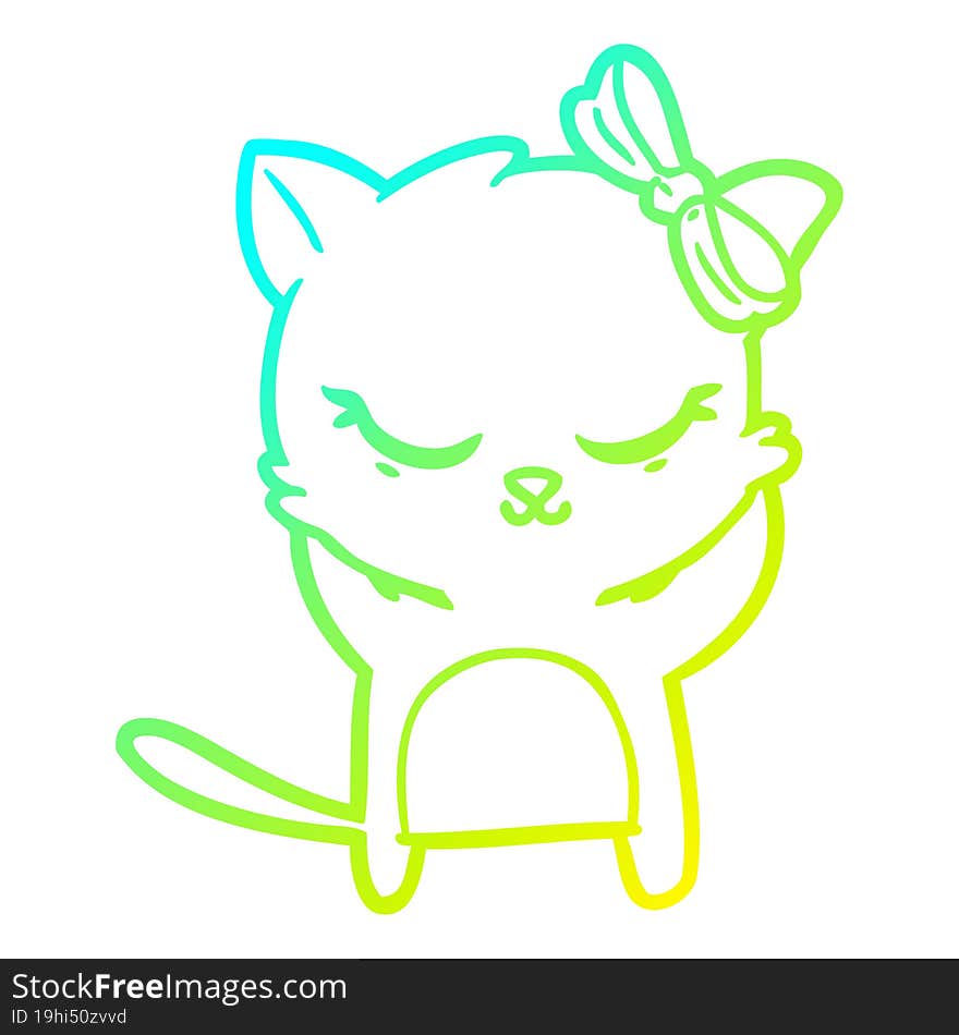 cold gradient line drawing of a cute cartoon cat with bow