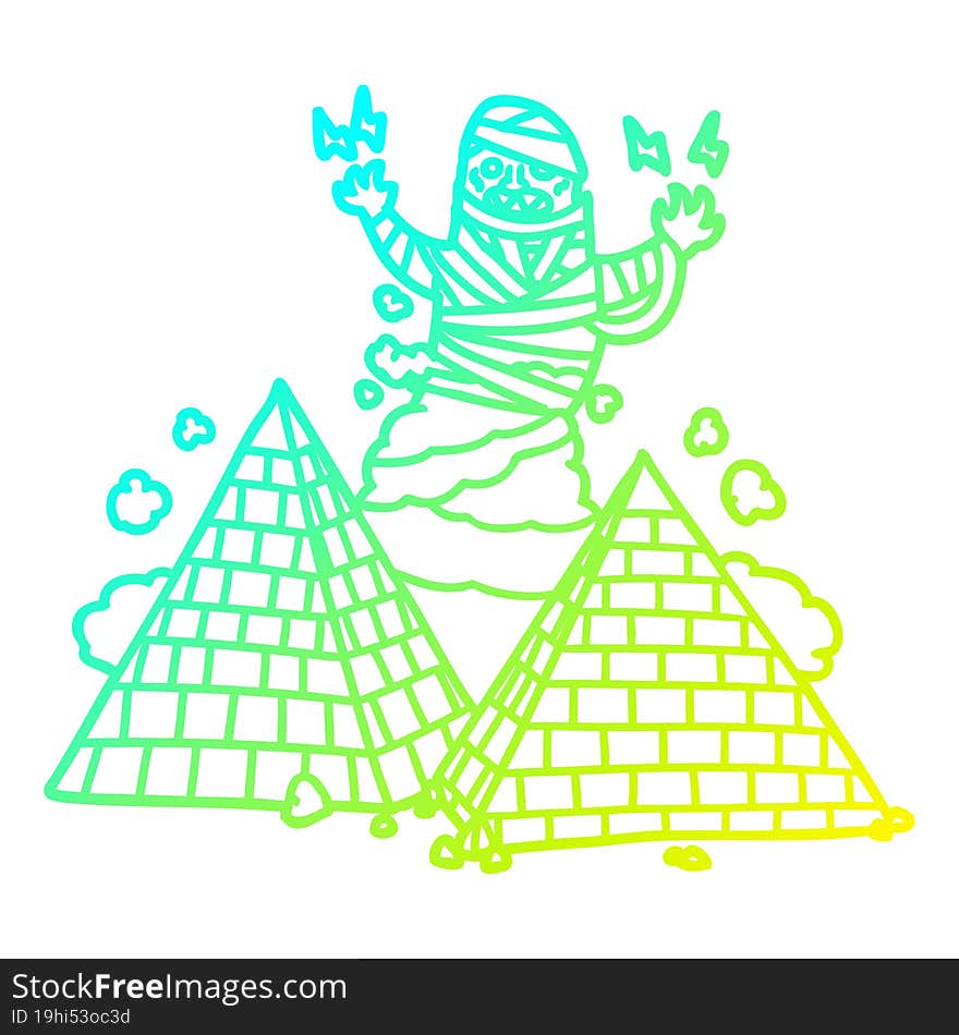 cold gradient line drawing of a cartoon mummy and pyramids