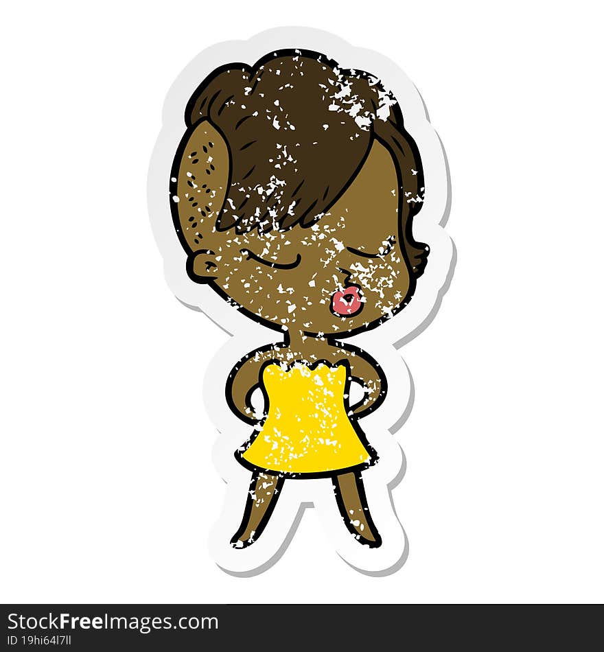 distressed sticker of a cartoon pretty hipster girl