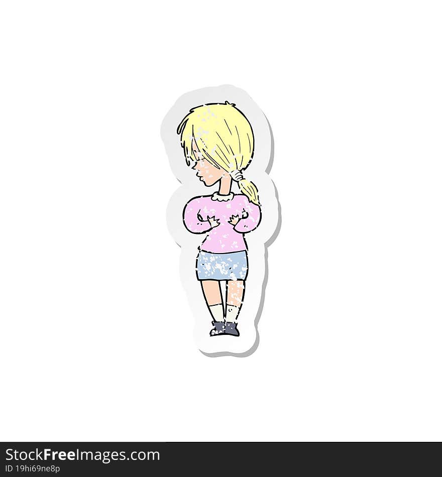 Retro Distressed Sticker Of A Cartoon Shy Woman