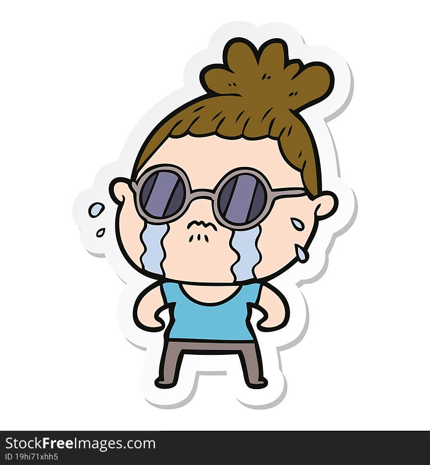 sticker of a cartoon crying woman wearing sunglasses