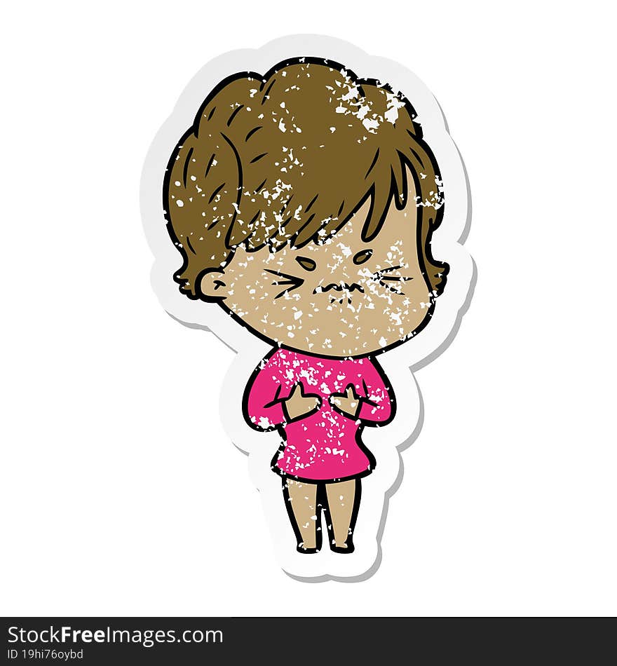 distressed sticker of a cartoon frustrated woman