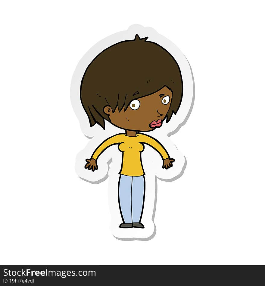 sticker of a cartoon woman shrugging