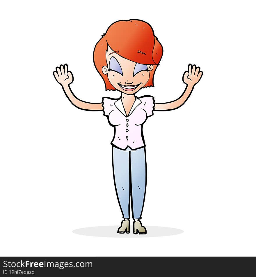 cartoon pretty woman with hands in air