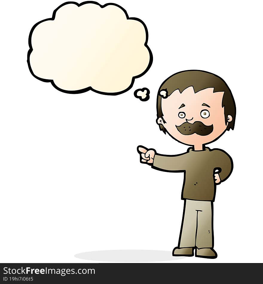 cartoon man with mustache pointing with thought bubble