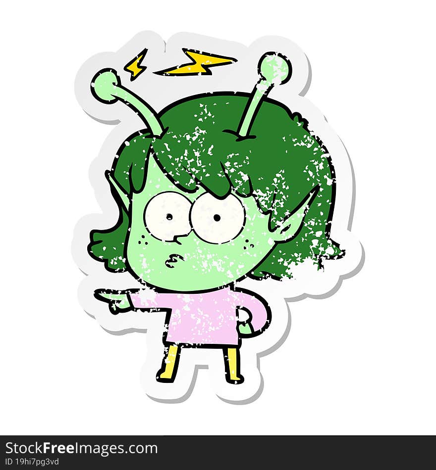 distressed sticker of a cartoon alien girl